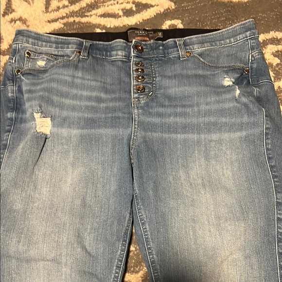 Torrid Blue Skinny Jeans with Distressed Hem - Picture 2 of 5